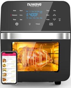 Nuwave Brio Air Fryer Oven, 15.5Qt X-Large Family Size, SS Rotisserie Basket &-Skewer Kit, Powerful 1800W, 50F-425F Temp Controls, Integrated Smart Thermometer