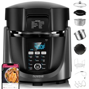 Nuwave Duet Electric Pressure Cooker & Air Fryer Combo, 450 IN 1 Slow Cooker & Grill with Integrated Digital Temp Probe, 6qt SS Pot, Adjustable High/Low Pressure, Built-in Sure-Lock Safety Tech