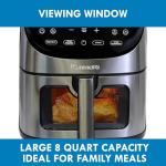 Kenmore 8 Quart Air Fryer - Aerogrill, Non-Stick Frying Basket, French Fry, Digital Touch Screen, 12 Presets, Freidora Eléctrica, Countertop Cooking Kitchen Appliance, Stainless Steel, Black