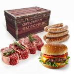 Grumpy Butcher Chef‑Crafted Grilling Meats Bundle – Grillmaster Feast: 4 Top Sirloin Steaks, 4 Large Wagyu Beef Hamburger Patties, 6 Chicken Sausages (4.6 lb total) – Gift Basket for Men