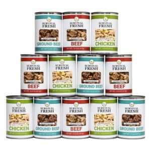 Survival Fresh Mixed Canned Meat - All Natural Canned Meat 4 Beef, 4 Chicken, 4 Ground Beef - Emergency Survival Meal 14.5oz Small Cans for Camping & Hiking - Meats from USA Farms (12 Pack)