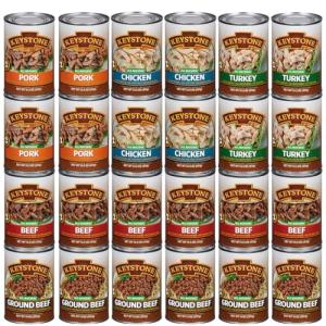 Keystone Meats 24 Cans Variety Pack – All Natural Fully Cooked Canned Meat (6 Beef, 4 Chicken, 4 Turkey, 4 Pork –14.5 oz | 6 Ground Beef –14 oz) – Pantry Staple, Emergency, Camping 5 Years Shelf Life