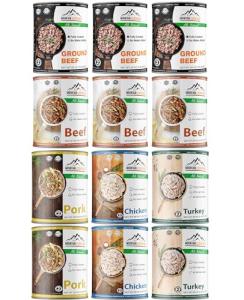MOUNTAIN ESSENTIALS Fully Cooked Ready to Eat Canned Meat Variety Pack 28 Oz – 3 Beef, 3 Ground Beef, 2 Chicken, 2 Turkey, 2 Pork – Pantry Staples for Daily Use & Emergency Meals – Made in USA 12 Pack