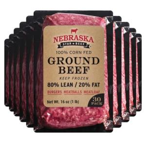 Nebraska Star Beef Angus Ground Beef, 30lb Pack (30 x 1lb) - Premium Frozen Hamburger Meat, 80/20 Lean