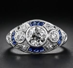Art Deco Style Lab Created Diamond Sapphire 14k White Gold Finish Birthday Ring