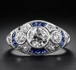 Art Deco Style Lab Created Diamond Sapphire 14k White Gold Finish Birthday Ring