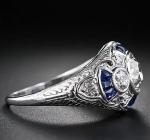 Art Deco Style Lab Created Diamond Sapphire 14k White Gold Finish Birthday Ring