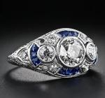 Art Deco Style Lab Created Diamond Sapphire 14k White Gold Finish Birthday Ring