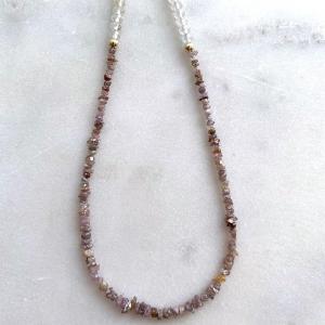 Pink Diamond & White Topaz Solid Gold Necklace