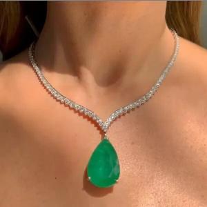 24 Ct Pear Emerald & Diamond Tennis Necklace