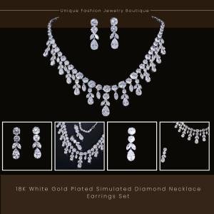 18K White Gold Plated Diamond Necklace and Earrings Set