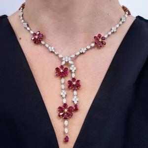 Lab Created Ruby & Diamond Flower Necklace