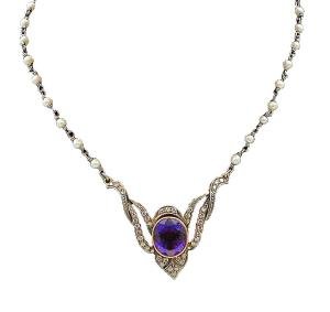 18K Gold & Silver Vintage Gemstone Necklace