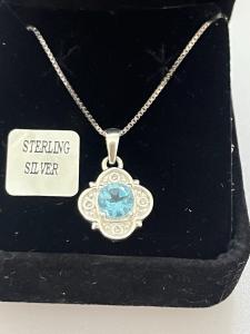 Blue Topaz and Diamond Flower Pendant Necklace