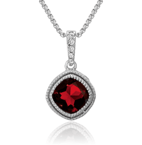 14K Solid White Gold Cushion-Cut Garnet Diamond Necklace