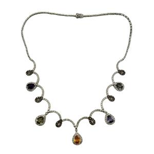 14 Karat White Gold Diamond  & Multi-Gemstone Necklace #9941