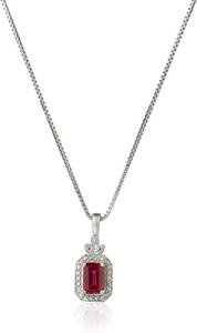 Sterling Silver Created Ruby Emerald Cut & White Diamond Pendant Necklace, 18"