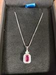 Sterling Silver Created Ruby Emerald Cut & White Diamond Pendant Necklace, 18"