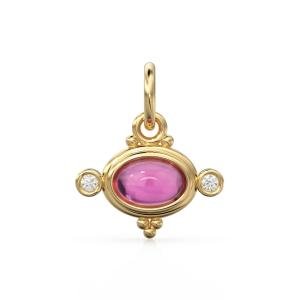 Pink Tourmaline Diamond Pendant, Cabochon Gold Charm, October Birthstone Jewelry