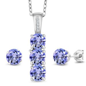 925 Sterling Silver Tanzanite and Diamond Pendant and Earrings Jewelry Set For