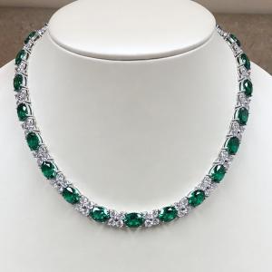 30 CTW Lab-Created Oval Green Emerald & Diamond Tennis Women Necklace 925 Silver