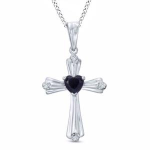Blue Sapphire and Natural Diamond Accent Cross Pendant Necklac Sterling Silver