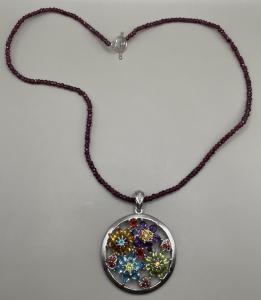 Women’s  Necklace Sterling Silver 925 Assorted Gemstone Diamond Floral Pendant