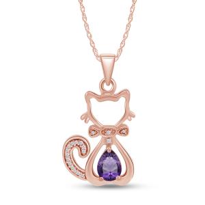 Cat Kitty Pendant 18" Necklace Simulated Birthstone 14K Rose Gold Plated Silver