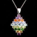 Lovely! Sterling Silver & Rainbow Gemstone Diamond Shaped Pendant Necklace