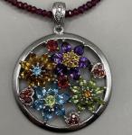 Women’s  Necklace Sterling Silver 925 Assorted Gemstone Diamond Floral Pendant