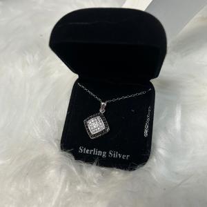 Sterling Silver Black & White Diamond Accent Square Pendant Necklace