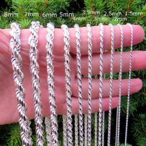 Solid 925 Sterling Silver Diamond Cut Rope Chain Hip Hop Necklace Bracelet Italy