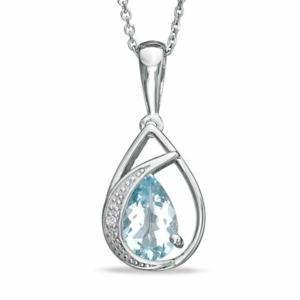 Teardrop Pendant Necklace Pear Aquamarine & Natural Diamond Sterling Silver