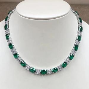 30Ctw Lab-Created Oval Green Emerald & Diamond Tennis Women Necklace 925 Silver