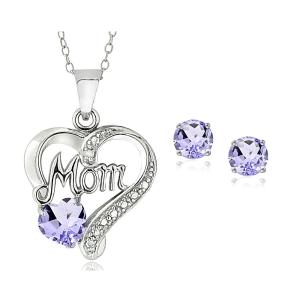 925 Silver Gemstone & Diamond Accent MOM Necklace & Earrings, 6 Colors