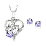 925 Silver Gemstone & Diamond Accent MOM Necklace & Earrings, 6 Colors