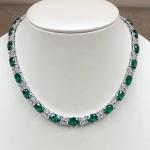 30Ctw Lab-Created Oval Green Emerald & Diamond Tennis Women Necklace 925 Silver