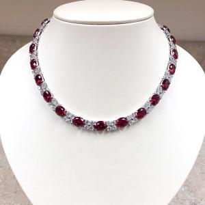 30 CTW Lab-Created Oval Green Ruby & Diamond Tennis Women's Necklace .925 Silver
