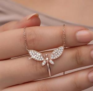 Women's Shinning Fairy Wing Necklace 18" Chain Natural Diamond Real 925 Silver