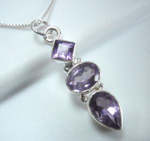 Faceted Amethyst 3-Gem 925 Sterling Silver Teardrop and Diamond-Shaped Necklace