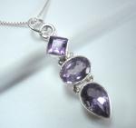 Faceted Amethyst 3-Gem 925 Sterling Silver Teardrop and Diamond-Shaped Necklace