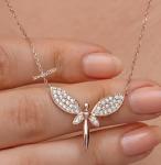Women's Shinning Fairy Wing Necklace 18" Chain Natural Diamond Real 925 Silver