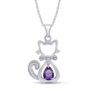 Cat Kitty Pendant 18" Necklace Simulated Birthstone 14K White Gold Plated Silver
