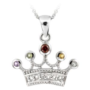 925 Silver Multi Gemstone & Diamond Accent Crown Necklace, 18"