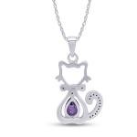 Cat Kitty Pendant 18" Necklace Simulated Birthstone 14K White Gold Plated Silver
