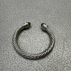 David Yurman Silver Cable Bracelet with Green Stone