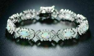 10Ct Oval Cut Opal & Diamond Halo Flower Tennis Bracelet 14k White Gold Finish