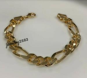 10mm x 8" Men's Figaro Link Bracelet Solid Metal 14k Yellow Gold Plated Silver