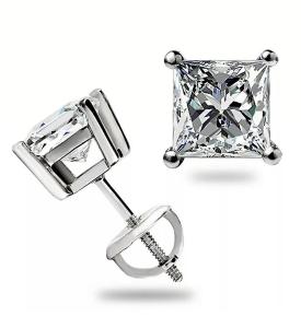4Ct Princess Cut VVS1/D Lab Created Studs Earrings 14k White Gold 7mm Screw Back