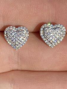 Solid 925 Sterling Silver Iced Heart Stud Earrings Simulated Diamonds Iced